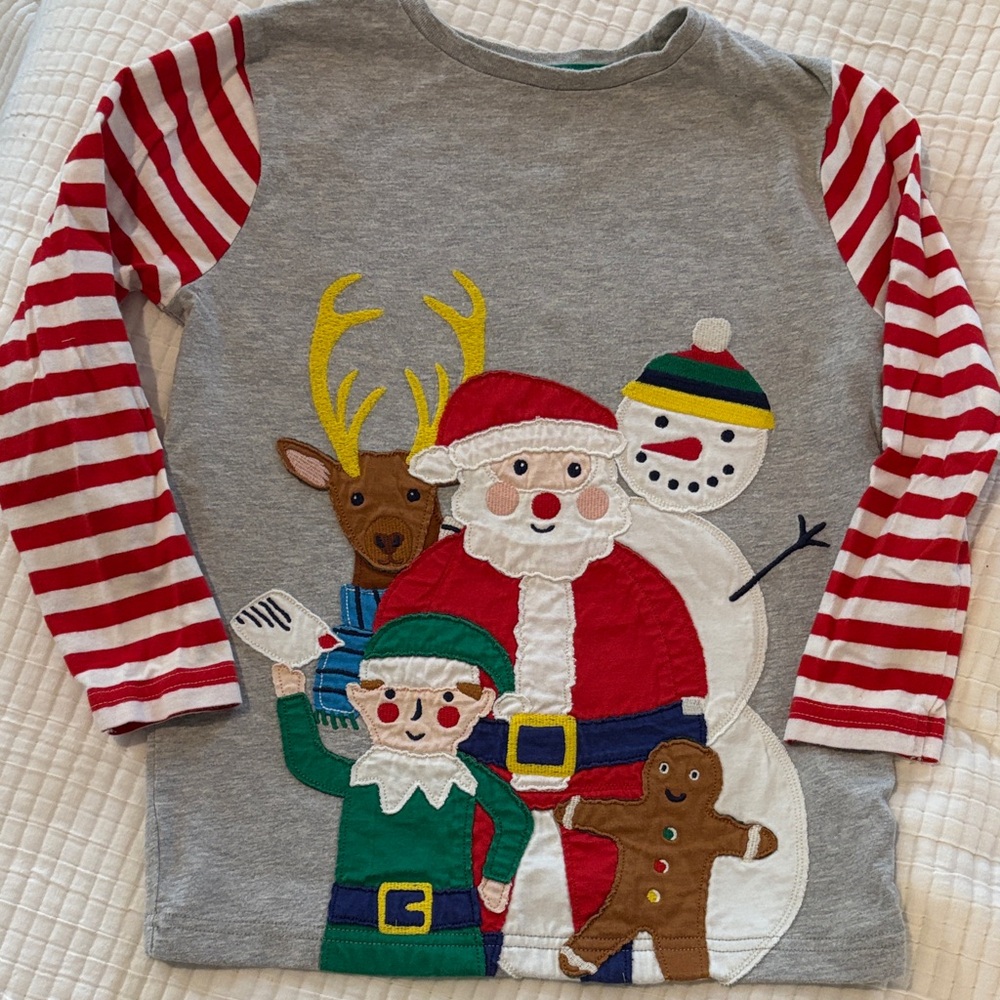 Mini Boden Gray Long Sleeve with Red Stripes and Holiday Characters